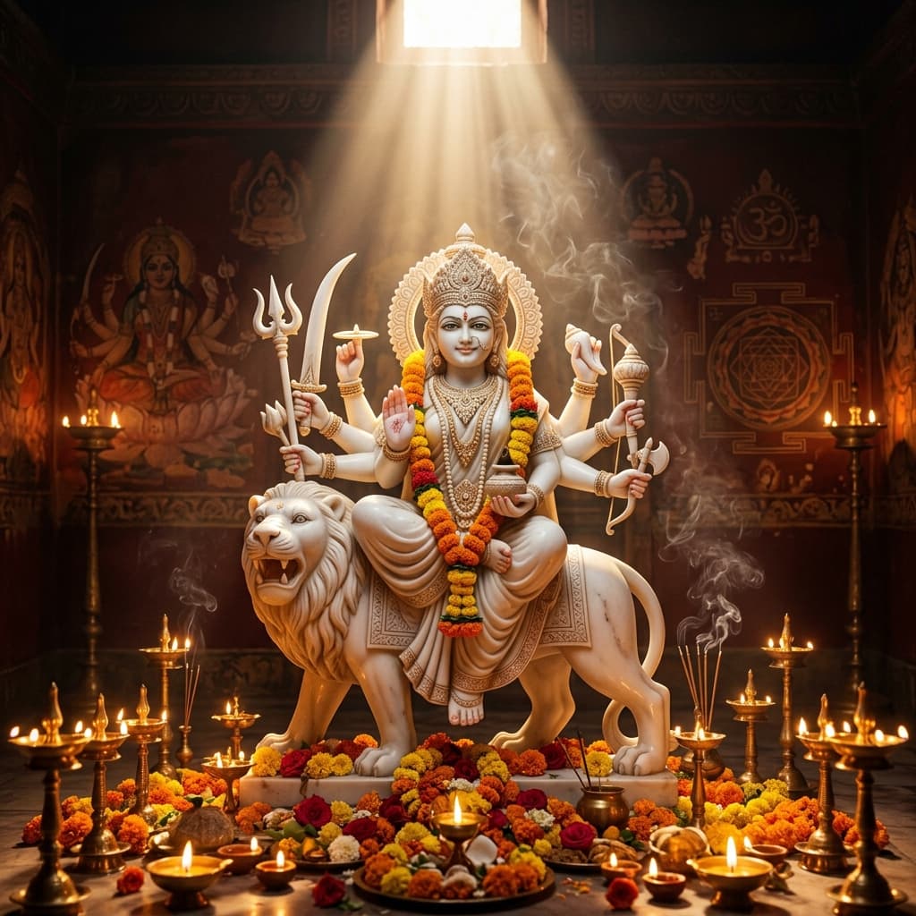 white marble durga murti statue 18 inches jaipur, rajasthan - view 1