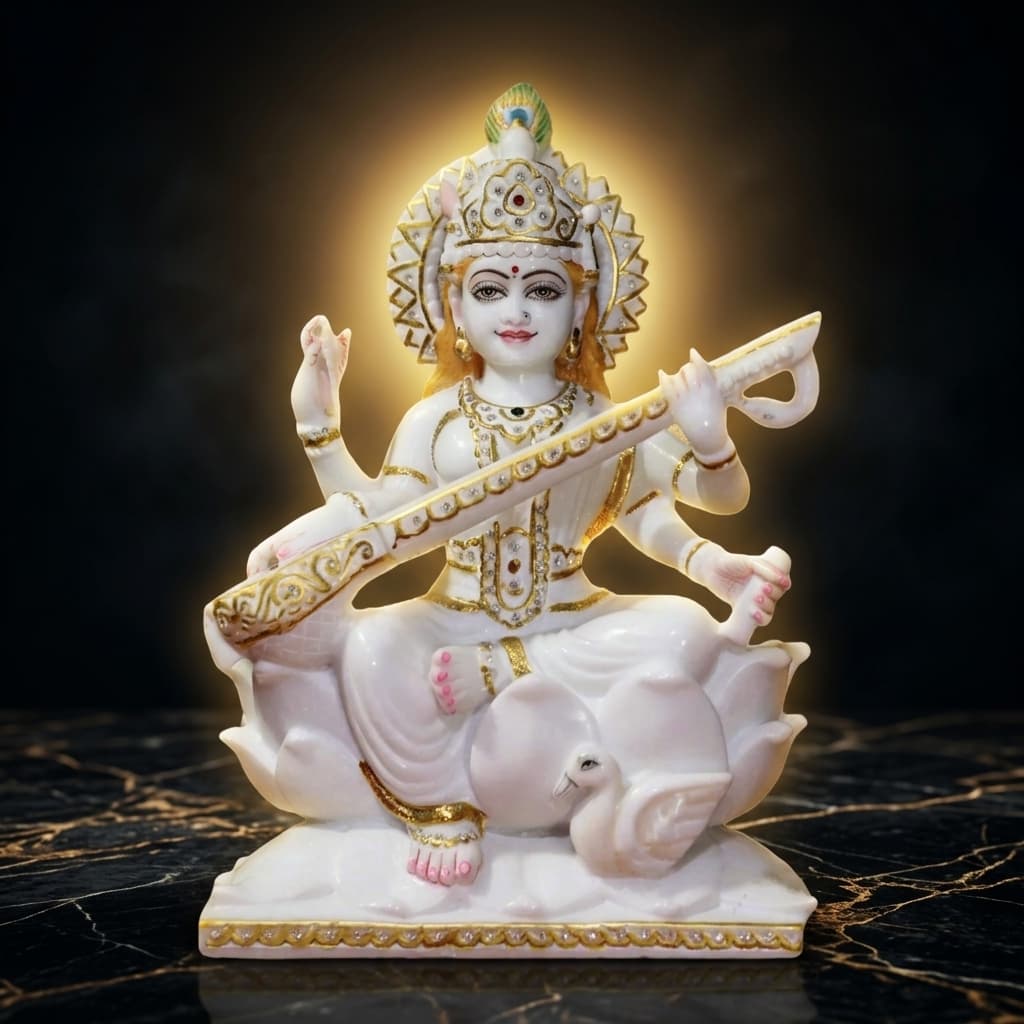 15" The Saraswati - Goddess Of Music | Pristine White Marble